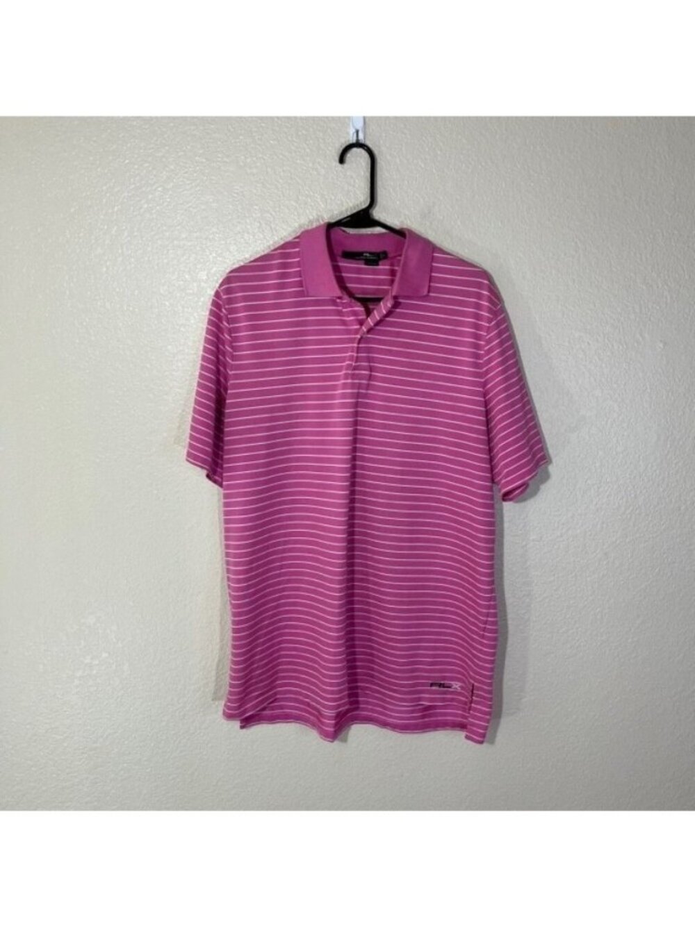 RLX Rarlph Lauren Polo Mens Large Golf Shirt Breathable Knit Logo Striped Pink